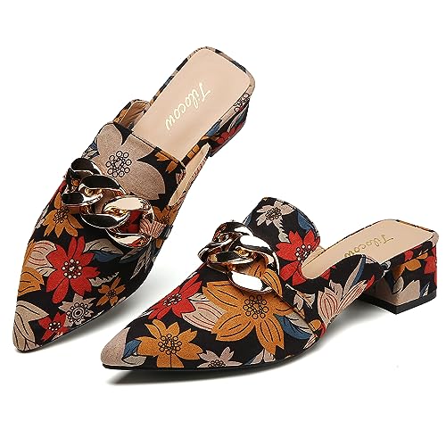 Tilocow Metal Chain Decor Mules Heels for Women Chunky Heeled Sandals Slip on Closed Toe Slides for Women Backless Mules Floral 8.5
