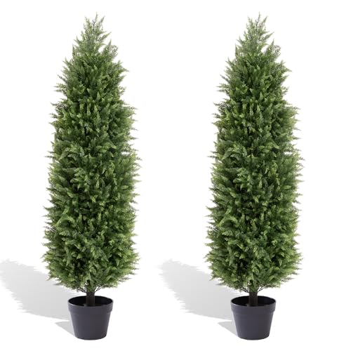 4ft Artificial Cedar Topiary Trees Set of 2 – UV Resistant Outdoor Faux Plants, Fake Evergreen Bushes & Shrubs for Porch Patio Front Door Outside Planter Decor Cedar Pine 4 feet