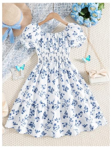 Floerns Girl's Boho Floral Print Puff Short Sleeve A Line Dress Ruffle Hem Summer Dresses2