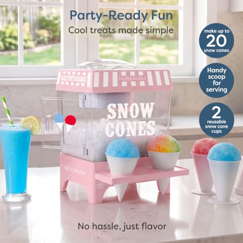 Image of Nostalgia Snow Cone Machine - Retro Table-Top 8 Oz Snow Cone Maker Makes 20 ICY Treats- Countertop Slushie Machine Includes 2 Reusable Plastic Cups & Ice Scoop-Pink