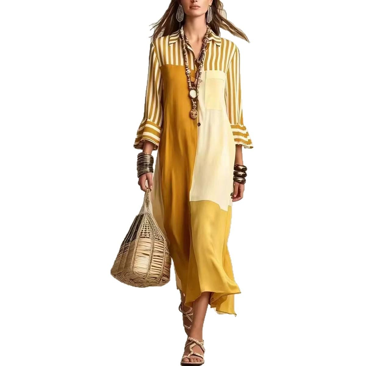 Vestido Camisa con Abertura, Bohemio Manga Larga