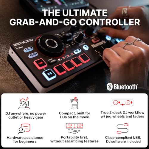 Image of Numark MixTrack Go Compact Bluetooth DJ Controller with Stems Control | 2-Deck DJ Mixer, for Beginners & Mobile DJs, Smart Fader, USB-C, Serato DJ Lite & Algoriddim djay Included, Gen 4