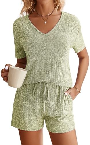 Ekouaer Womens Ribbed Knit Lounge Set Short Sleeve Top and Shorts Sleepwear Pajama Set Two Piece Shorts Outfits Set
