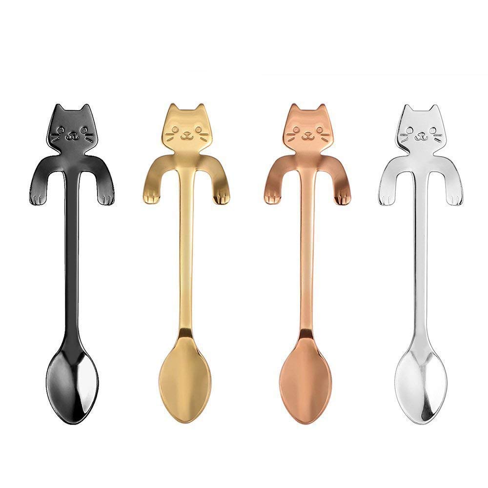 COMIART 4PCS Stainless Steel Mini Cat Kitten Design Stainless Steel Coffee/Tea/Dessert/Drink/Mixing/Milkshake Spoon Tableware Flatware Gadgets
