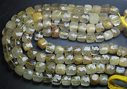 Quartz rutilé doré perles cubes facettées 8-9mm naturel fil de 8 pouces pour création de bijoux