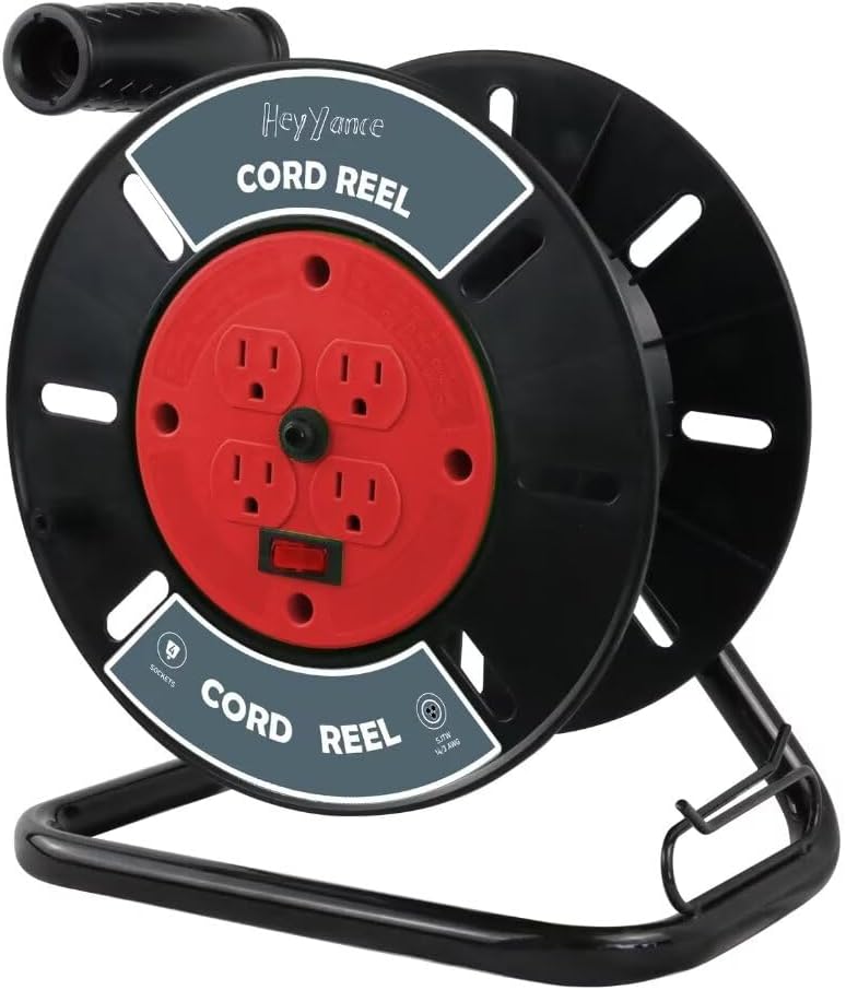 Extension Cord Storage Reel with 4-Grounded Outlets, Heavy Duty Open Cord Reel for 12/3 14/3 16/3 Power Cords, Portable Empty Hand Crank Electric Cord Roller Holder, Red