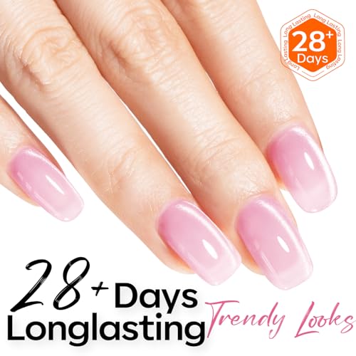 Image of modelones Pink Cat Eye Gel Polish Slik Glitter Holographic Jelly Glass Cat Eye Light Rose Shimmer Reflective Translucent U v Gel Magnetic Valentine Nail Polish 15 ML