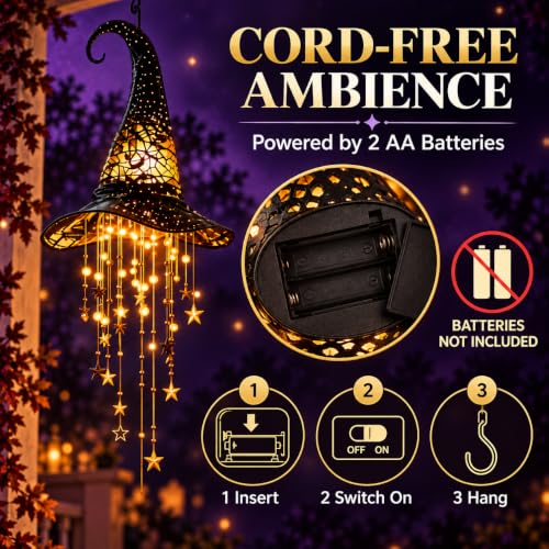 Halloween Witch Hat Hanging Decor Light, Battery Operated Lighted Witch Hat with Warm Glow, Hollow Cutout Design, Cascading Star Tassels and Wind Chime Effect for Indoor Porch Party Home Decorations - image 5