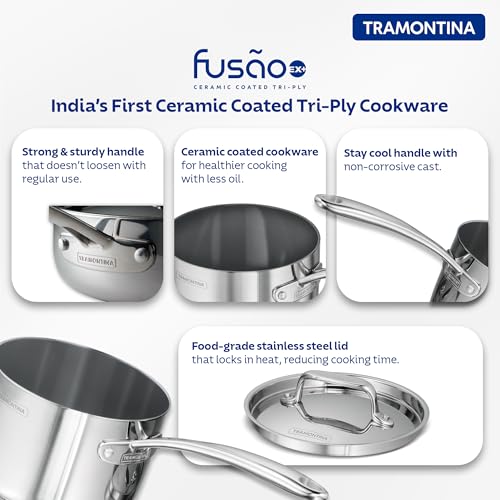 Image of TRAMONTINA Fusao Healthy Triply Ceramic 16cm / 2.1L Sauce Pan EX+ with SS 304 lid | Non Toxic (PFAS /PTFE /PFOA Free) Milk Pan | Stay Cool Handle I 10 Year Warranty | Polished, 2.1 Liter, Silver