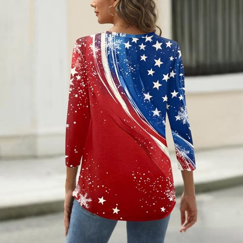 Image of 4th of July Shirts Women 3 /4 Length Sleeve Womens Tops Henley Neck Casual Patriotic T Shirts