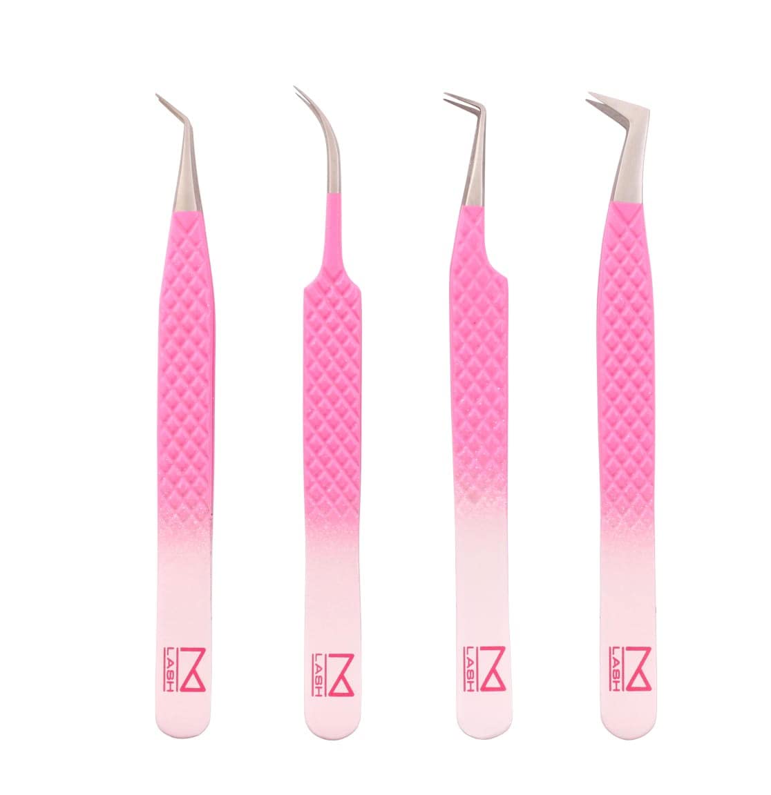 M LASH Tweezers for Eyelash Extensions (Set of 4) - Professional Lash Extension Tweezers - Fiber Tip, Japanese Steel, Diamond Grip Eyelash Extension