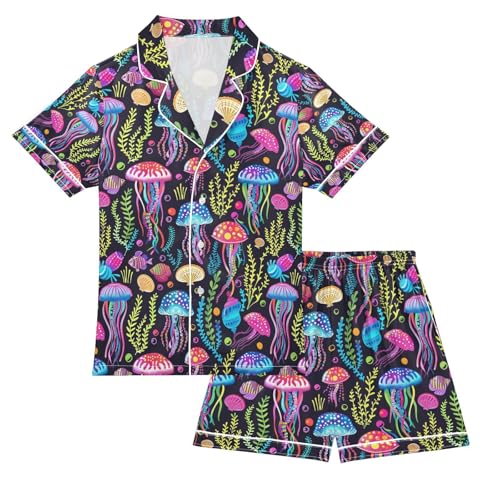 senya Cute Jellyfish Color Satin Summer Pajama Sets Silk Short Sleeve Button Down Sleepwear