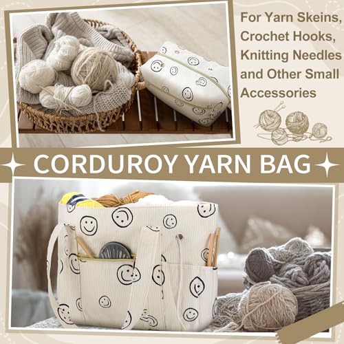 Image of Bulyoou 2 Pcs Crochet Bag and Tote Set, Corduroy Yarn Bag with Grommets, Smile Face Crochet Project Bags Organizer for Hooks, Needles, Knitting Accessories, Gifts for Women Yarn Crafts Lovers