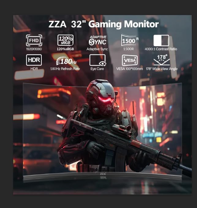 Image of ZZA 32 Inch Curved Gaming Monitor 180Hz Computer Monitor, FHD 1080P 1500R HDR Gaming PC Monitor, FreeSync, Ultra-Fast 1ms Monitor for Gamer, HDMI 2.0, DisplayPort 1.4 VESA Compatible