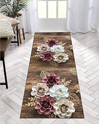 ZDYHMrj Alfombras de Pasillo de Corredor Blanco Rosa Flores Antideslizante Moderna Lavables, Largas Alfombrillas de Cocina Dormitorio salón Balcón Ancho 40cm/ 50cm/ 60cm/ 70cm/ 80cm/ 90cm/ 100cm Cover