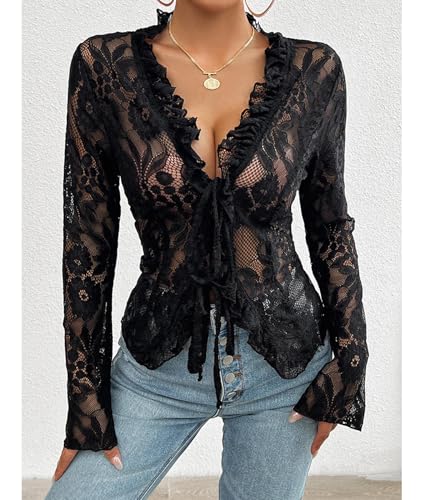 Image of xxxiticat Women's Long Sleeve Lace Top V Neck Ruffle Trim Hollow Out Front Open See Through Floral Tie Up Cardigan Shirt