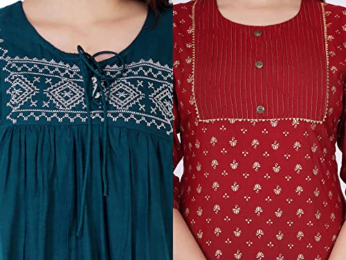 Image of Shiva Fab Short Kurti for Women | Embroidered Straight Rayon Kurta | Round Neck Full Sleeves Short Kurti for Women's Combo Pack of 2