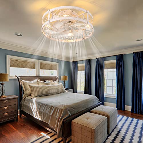 Flush Mount White Caged Ceiling Fan with Light, 20" Small Bladeless Ceiling Fan and Remote, Rustic Low Profile Ceiling Fans 4-Speed Reversible Enclosed Ceiling Fans for Bedroom Kitchen Farmhouse - Image 4