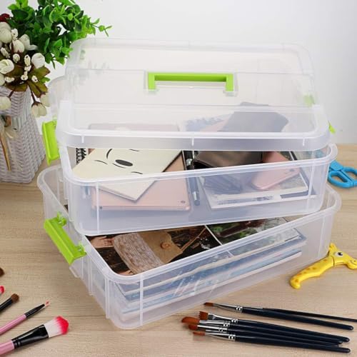 Image of plastic boxes for Storage transparent boxes for storage, Portable & Stackable Space Saving Organiser with Lid for Medicine, Jewelry, Arts & Crafts, Buttons, Beads (Green, 3 TIER)