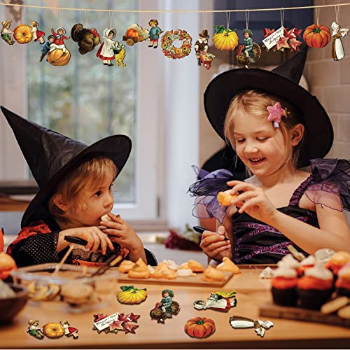 Image of 24 Pcs Fall Thanksgiving Vintage Wood Hanging Ornaments Autumn Fall Tree Hanging Sign Decorations Harvest Maple Leaf Decorative Hanging Ornaments for Holiday Party Decor