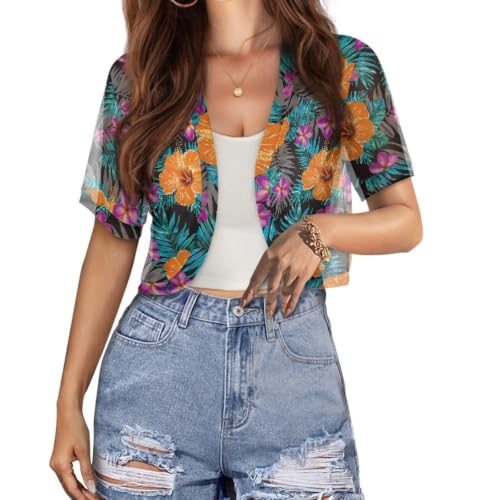 Image of Womens Short Sleeve Cardigans Lightweight Summer Cardigan Trendy Bolero Shrug Cute Floral Cardigan Sheer Bolero