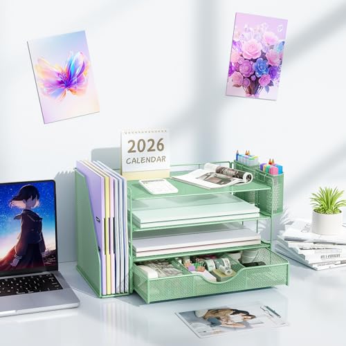 Image of gianotter 4-Tier Desk Organizer with Drawers, File Holders, Letter Trays and Pen Holders - Workspace Accessories for Office Supplies (Sage Green)