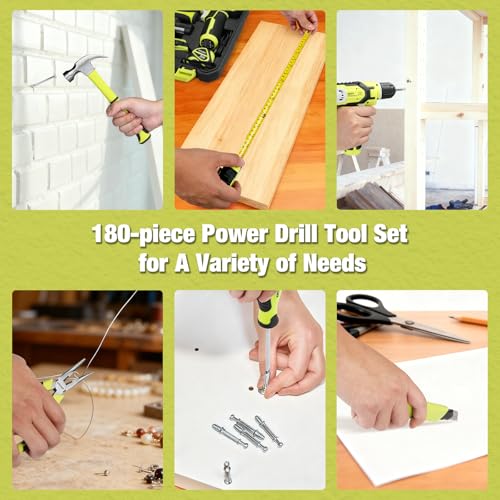 Image of KITLUCK Power Drill Set, 180Pcs Home Hand Tool Kit with 8V Drill, Portable Tool box Kit with Screwdriver, Plier, Wrench, Socket, Harmer, Household Cordless Drill Set for Men Women Home