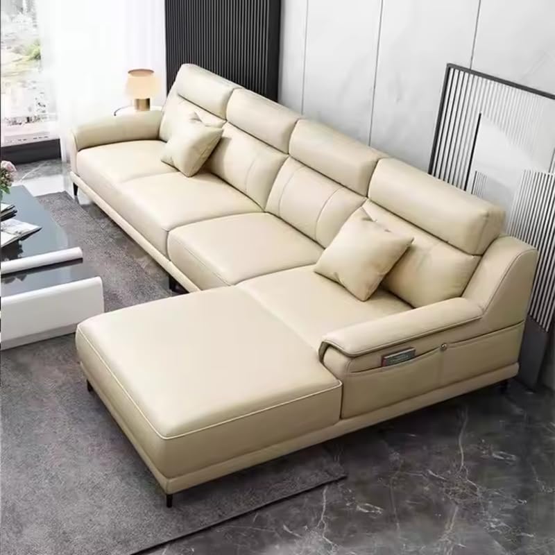 Image of Homax. Poppins Solid Sal Wood Italian Luxury High-End Villa Living Room L-Shape Sectional Modular Sofa Set in Leatherette Orientation LHS - Beige