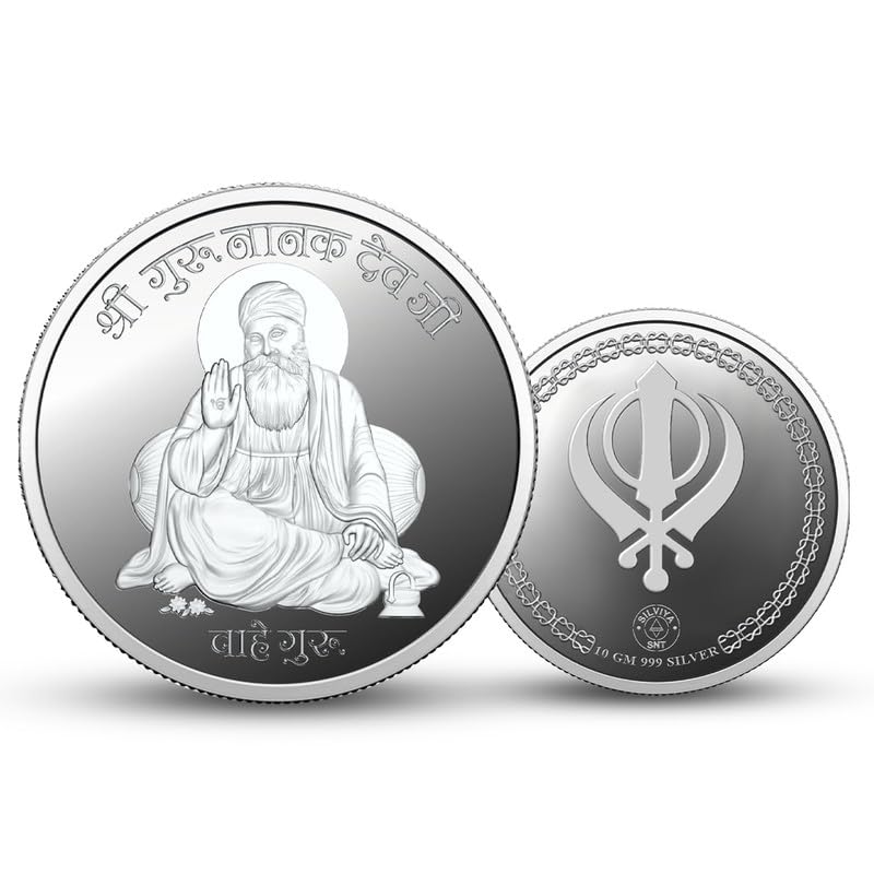 BIS Hallmarked Guru Nanak Dev Ji - 999 Pure Silver - Round Shape Coin (5g, 10g): Guru Nanak Jayanti - Gurudwara Offering - Blessings - Gurpurab Celebration - Sikhism Gift - Spiritual