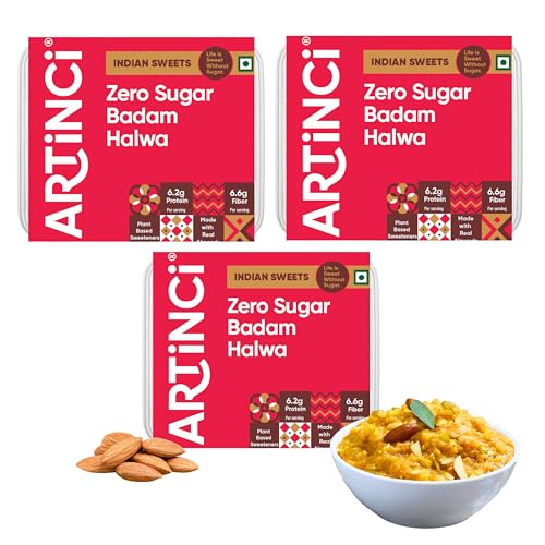 Image of Artinci Sugar-Free Badam Halwa with Pure Ghee (200 Gm X 3), High-Protein Almond Halwa, Diabetic-Friendly Indian Sweet, Stevia-Sweetened, No Bitterness or Preservatives, Ready-to-Eat