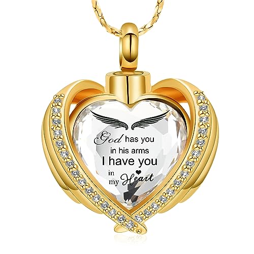 Imrsanl Angel Wing Heart Urn Pendant Necklaces for Women Girls Crystal Birthstone Cremation Jewelry Urns for Human Ashes Memorial Locket Keepsake Jewelry