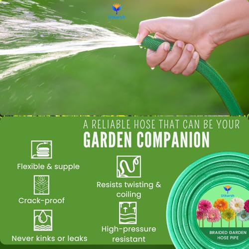 Image of Utkarsh Heavy Duty PVC Braided Water Hose Pipe - 10 Meter / 0.5 inch, with 1 Tap Adapter, Connector & 3 Clamps for Garden, Car Wash, Floor Clean, Pet Bath, Easy to Use Indoor /Outdoor (32.8 feet)