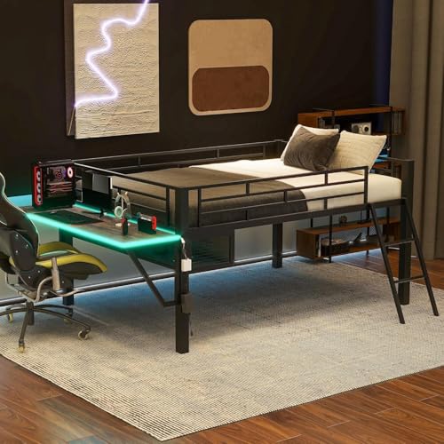 Linique Full Size Gaming Loft Bed with Desk, LED and Staircase, Metal Bed Frame with Vented Mesh Undercarriage Storage, Black