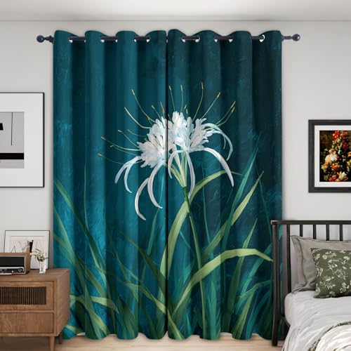 Yzdramesko Spider Lily Blackout Curtains, Teal Floral Curtains for Bedroom