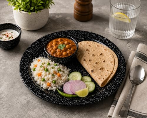 Image of Melvio By Malti Black Granite 3 Piece Quarter Plate | Melamine Dinnerware Set, Premium Dinner Set Crockery Plates Bowls Tableware for Home Dining Kitchen