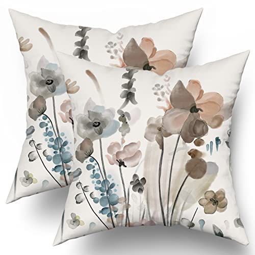 Brown Cream Grey Teal Floral Pillow Covers 18x...