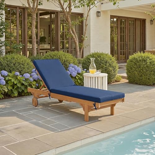 Image of SAFAVIEH Outdoor Collection Newport Natural / Navy Cushion Built-in Side Table Adjustable Chaise Lounge Chair