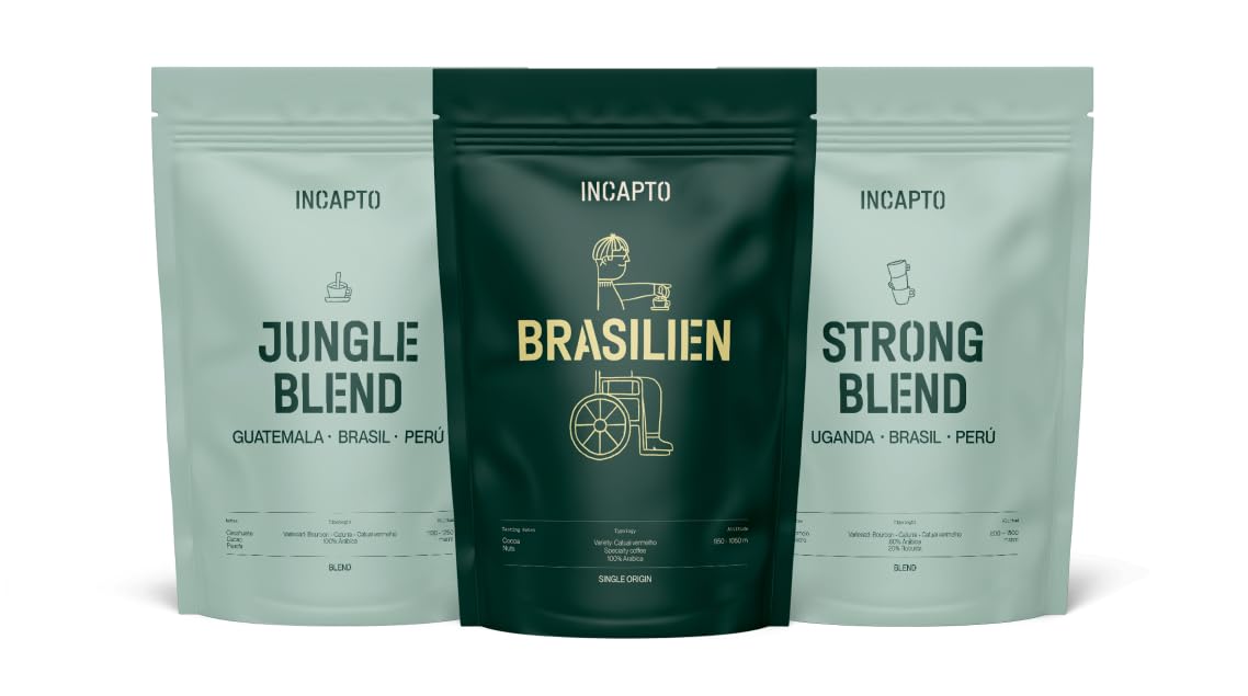 Incapto Einsteigerpaket für Spezialitäten-Kaffeebohnen | Jungle Blend, Brasilianischer Kaffee und Strong Blend | Hohe Röstung und Intensives Aroma | 3 Pakete à 500g