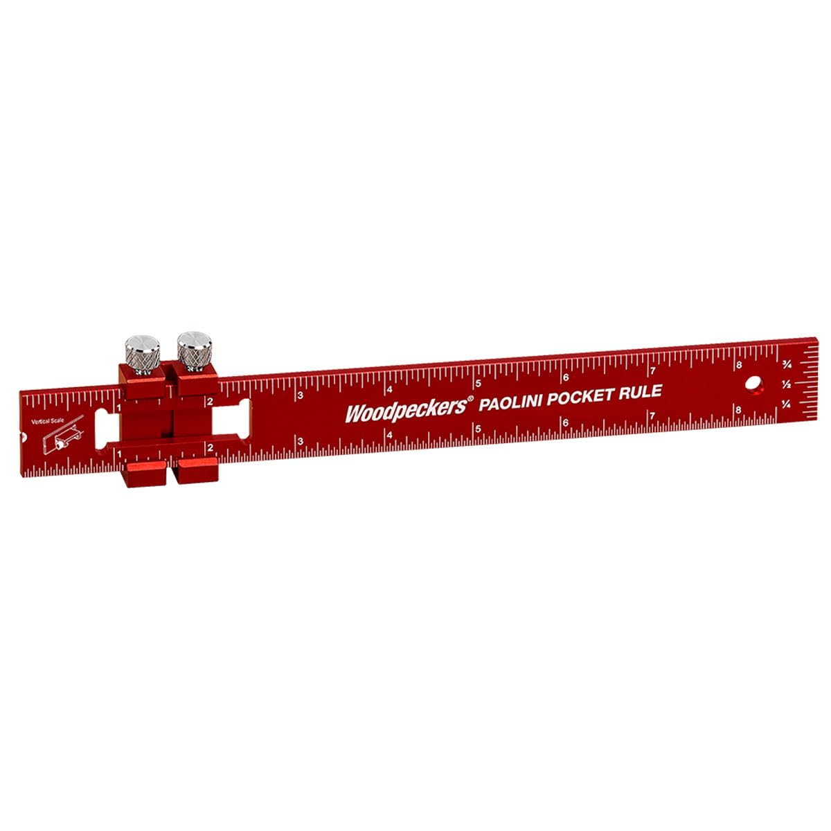 Woodpeckers Paolini Pocket Rule, Aluminum, 8" / 200mm Combo, Woodworking Ruler with Sliding Stop, Vertical End Scale, Scribing Notch, Engraved Scale