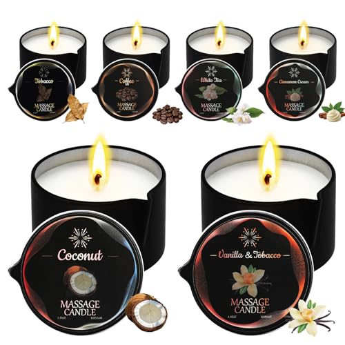 Sariiraw 6 Pack Low Temperature Massage Candles with Soybean Wax Jojoba Shea Butter Gentle Wax Play Candles for Couples, 6 Scents