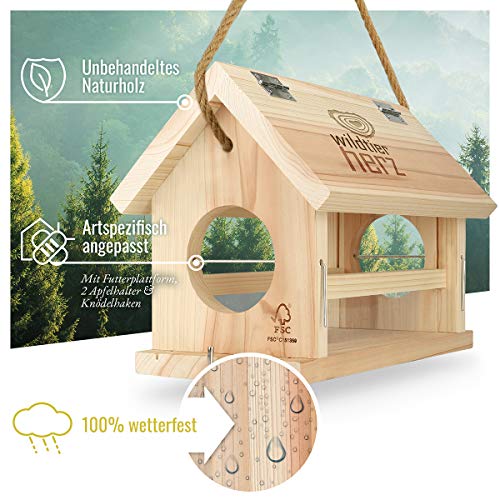 wildtier herz I Vogelfutterhaus M Handarbeit aus Natur-Holz für Gartenvögel wetterfest, naturbelassen I 30cm x 23.5cm x 20cm | Vogelhaus zum Aufhängen im Garten und Balkon