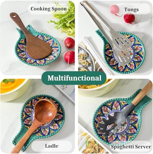Image of Ceramic Spoon Rest for Stove Top, Bohemian Style 7.7 Inch Large Spoon Holder for Kitchen Counter, Heat-Resistant Cooking Utensil Rest for Spatula, Ladle and Tongs, Dishwasher Safe, Set of 2