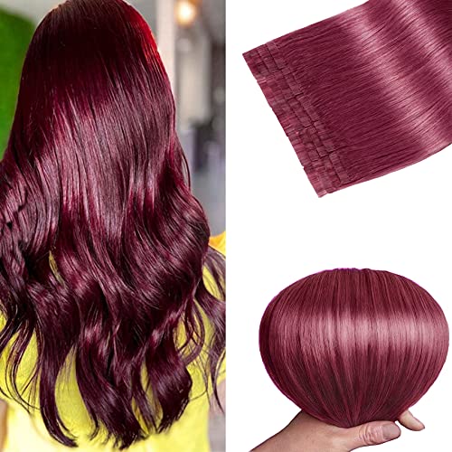 Tape in Hair Extensions Burgundy 100% Remy Human Hair Extensions Silky Straight for Fashion Women 20 Pcs/Package(20Inch #Burgundy 50g)
