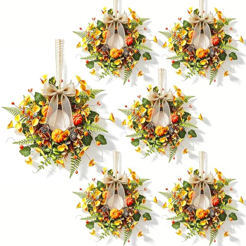 6 PCS Mini Fall Wreaths for Kitchen Cabinets Small Fall Hanging Wreath with Pumpkins Pinecones Berries Eucalyptus Thanksgiving Wreath for Front Door Window Cabinet Farmhouse Decor