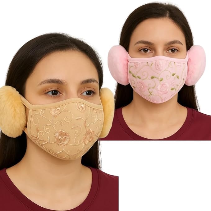 Image of K D Women & Girls Warm Winter Mask with Earmuffs | Flannel + Cotton Face Cover | Reusable, Washable & Breathable | Cold, Wind & Dust Protection | Pack of 1 (Random Color)