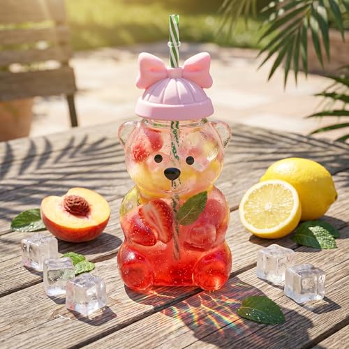 shaojian Bear Cup 2025 New Bear Cute Cup 20oz Glass Cups with Lids and Straws Reusable Glass Tumbler for Iced Coffee Milk Tea and Cocktails Dishwasher Safe(Pink Bow)