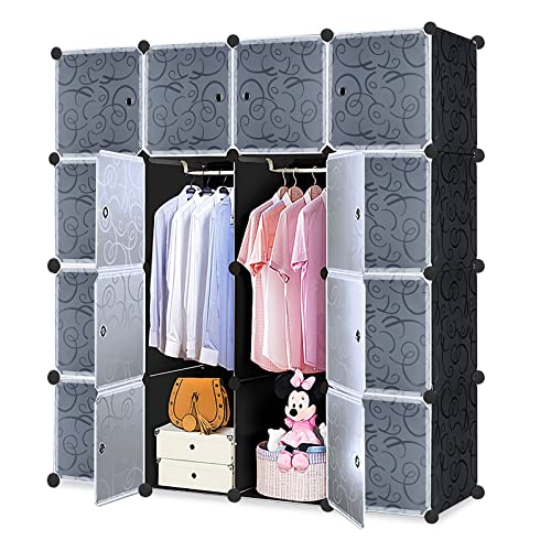 LZQ - Armadio multiuso fai da te, sistema di scaffalatura in plastica, guardaroba con porta, scaffale a incastro per la conservazione a prova di polvere con 16 cubi