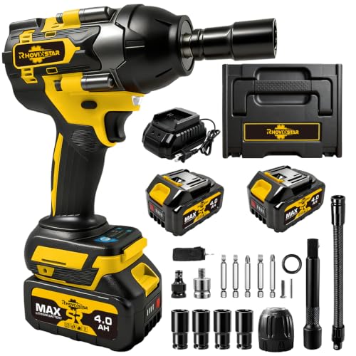 Rhovixster 1/2 Impact Gun Cordless - Impact Wrench Set, 1/2 Torque Impact, Brushless Motor High Torque Impact Guns with 2pcs 4Ah Battery & 1pcs Charger, 850N.M Torque