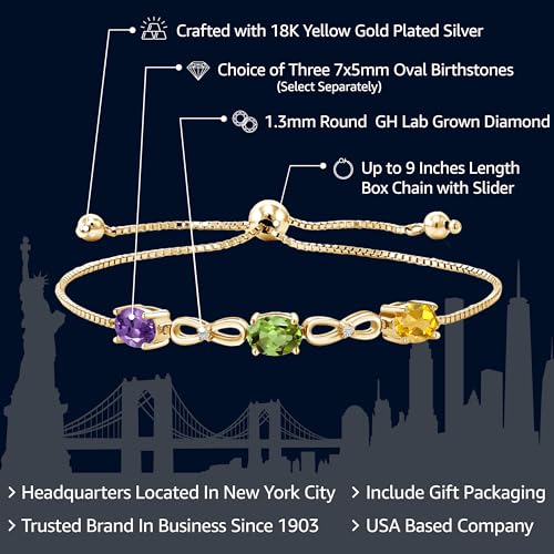 18K Yellow Gold Plated Silver Customized and Personalized 3 Gemstone Birthstone and White Lab Grown Diamond Tennis Infinity Bracelet For Women (2.27 Cttw, Oval 7X5MM, Fully Adjustable Up to 9 Inch)2