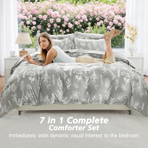 Image of MUXHOMO Silver Grey Full Comforter Set, Elegant Floral Print Bed in a Bag 7 Pieces, Ultra Soft & Breathable Reversible Botanical Pattern Bedding Set with Comforter, Sheets, Pillowcases, and Shams
